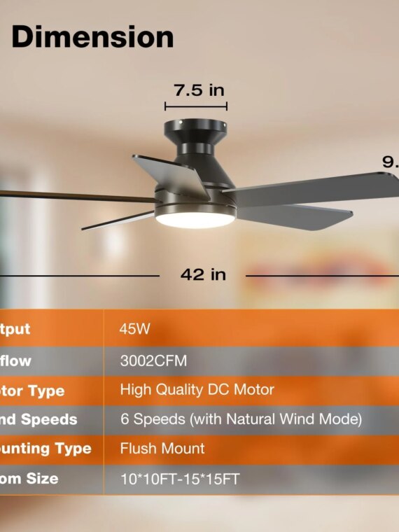 addlon 42-Inch Ceiling Fan with Light & Remote, Dual-Sided Blades, Dimmable, Energy Efficient, Quiet Operation, Indoor Flush Mount
