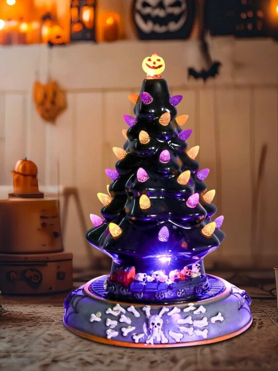 Aircity Halloween Ceramic Tree with LED Lights, Moving Train & Music, 10" Black Tabletop Decor