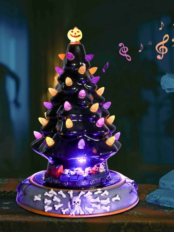 Aircity Halloween Ceramic Tree with LED Lights, Moving Train & Music, 10" Black Tabletop Decor