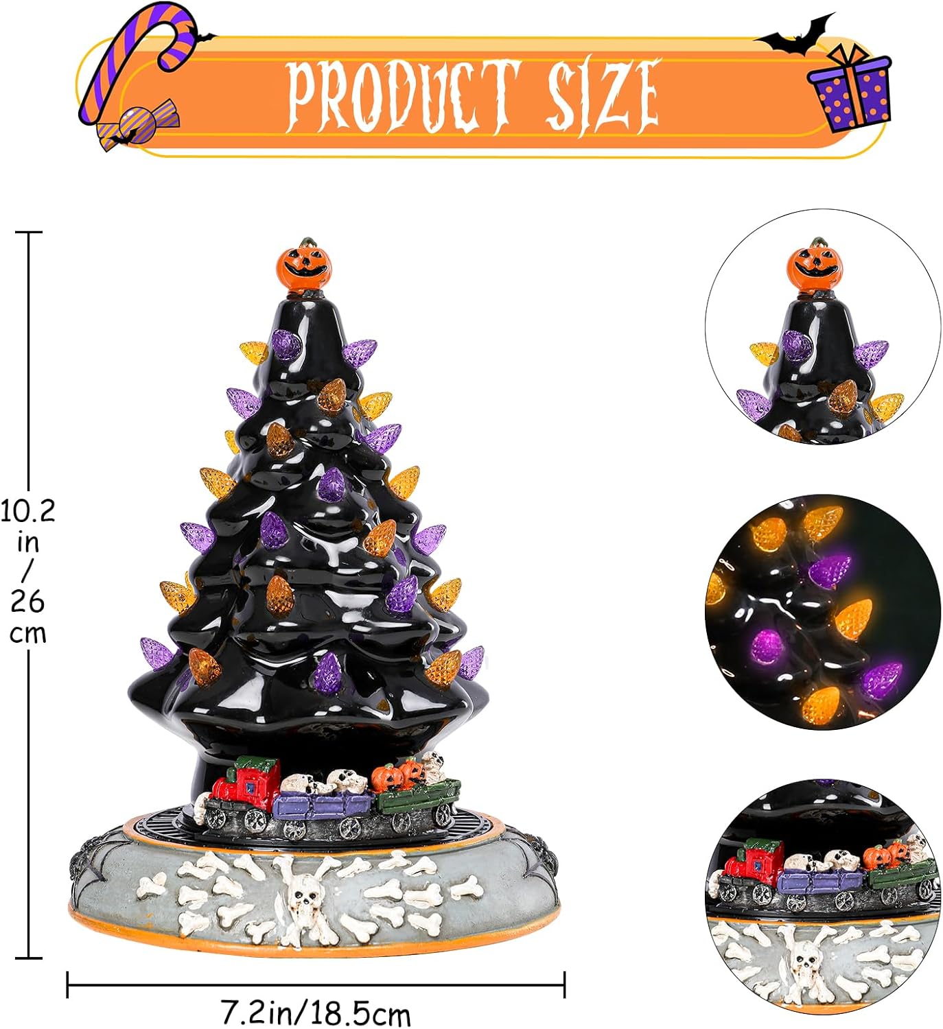 Aircity Halloween Ceramic Tree with LED Lights, Moving Train & Music, 10" Black Tabletop Decor