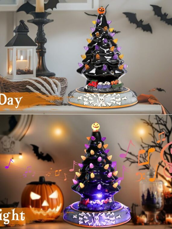 Aircity Halloween Ceramic Tree with LED Lights, Moving Train & Music, 10" Black Tabletop Decor