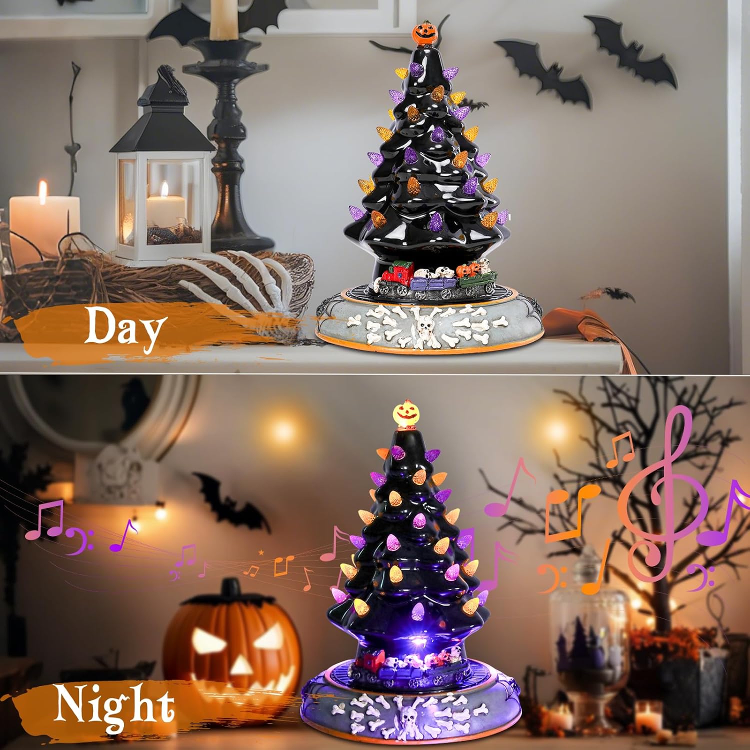 Aircity Halloween Ceramic Tree with LED Lights, Moving Train & Music, 10" Black Tabletop Decor