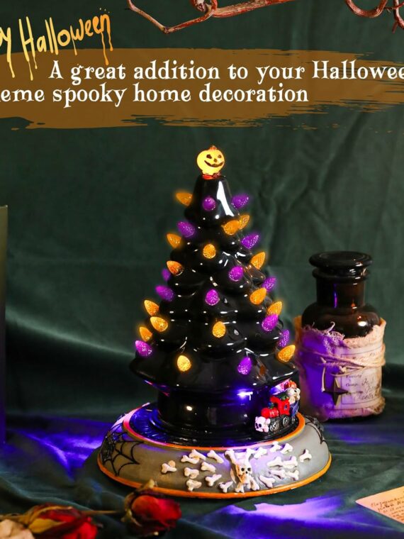 Aircity Halloween Ceramic Tree with LED Lights, Moving Train & Music, 10" Black Tabletop Decor