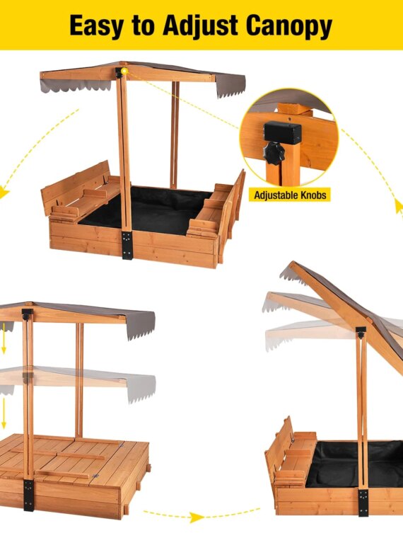Aivituvin Kids Sandbox with Retractable Roof, Easy-Clean Canopy, Sturdy Benches, Bottomless Design, 47.2"x47.2"x51.9"