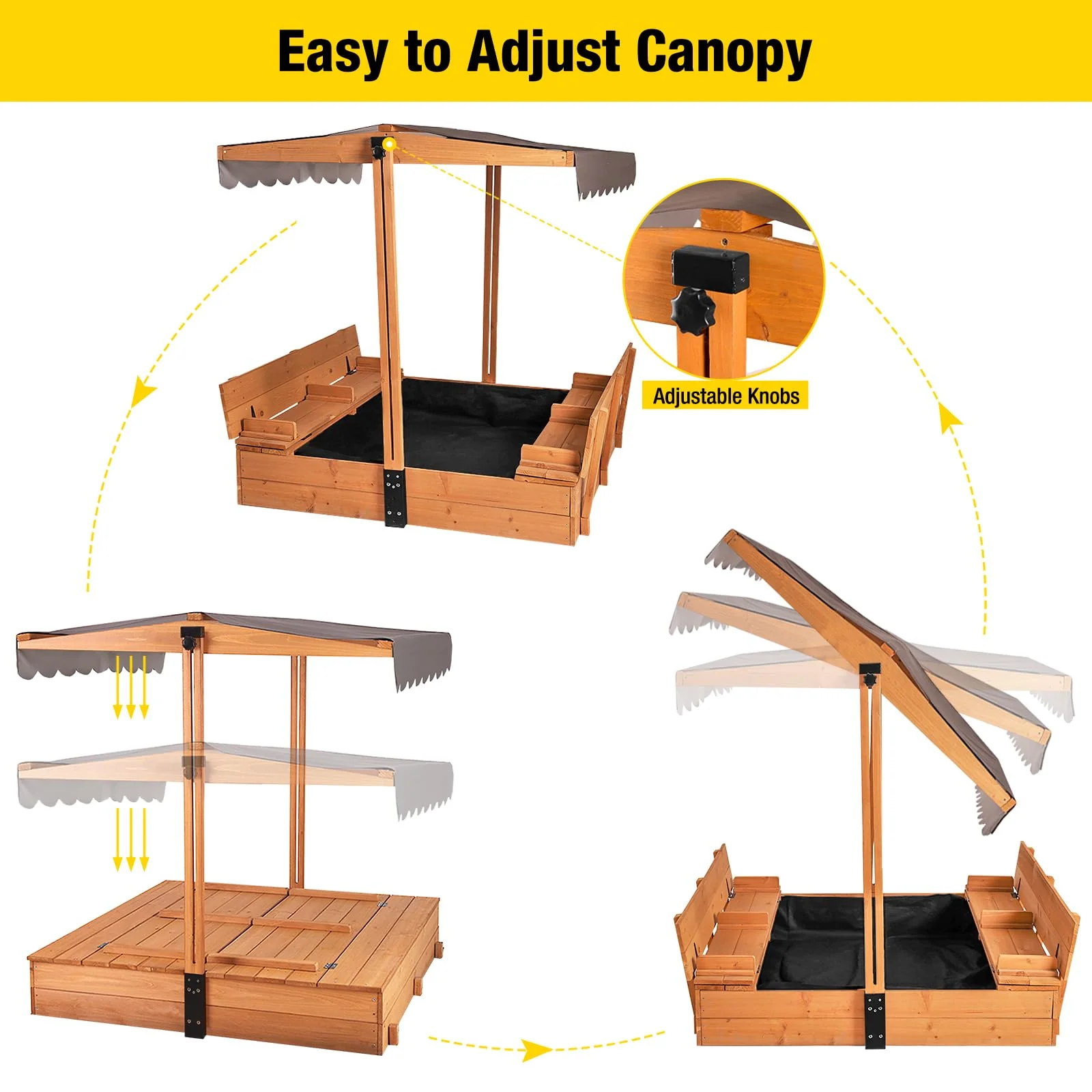 Aivituvin Kids Sandbox with Retractable Roof, Easy-Clean Canopy, Sturdy Benches, Bottomless Design, 47.2"x47.2"x51.9"