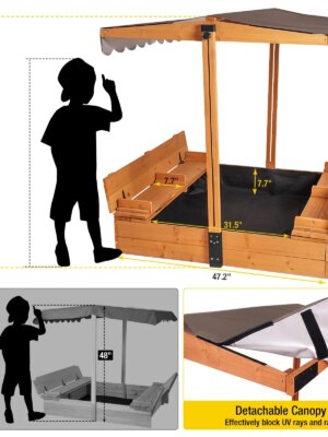 Aivituvin Kids Sandbox with Retractable Roof, Easy-Clean Canopy, Sturdy Benches, Bottomless Design, 47.2″x47.2″x51.9″