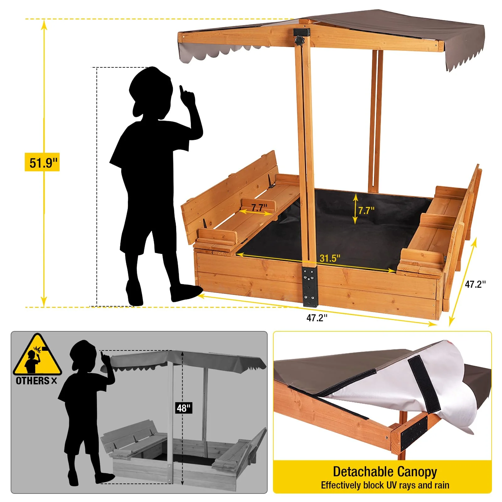 Aivituvin Kids Sandbox with Retractable Roof, Easy-Clean Canopy, Sturdy Benches, Bottomless Design, 47.2"x47.2"x51.9"