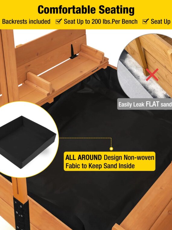 Aivituvin Kids Sandbox with Retractable Roof, Easy-Clean Canopy, Sturdy Benches, Bottomless Design, 47.2"x47.2"x51.9"