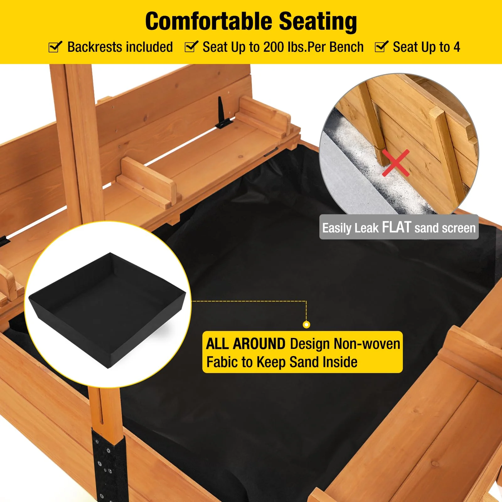 Aivituvin Kids Sandbox with Retractable Roof, Easy-Clean Canopy, Sturdy Benches, Bottomless Design, 47.2"x47.2"x51.9"
