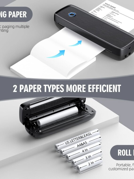 Aixiqee Wireless Portable Printer, Inkless, 8.5"x11" US Letter, Bluetooth/USB-C, Thermal Printing