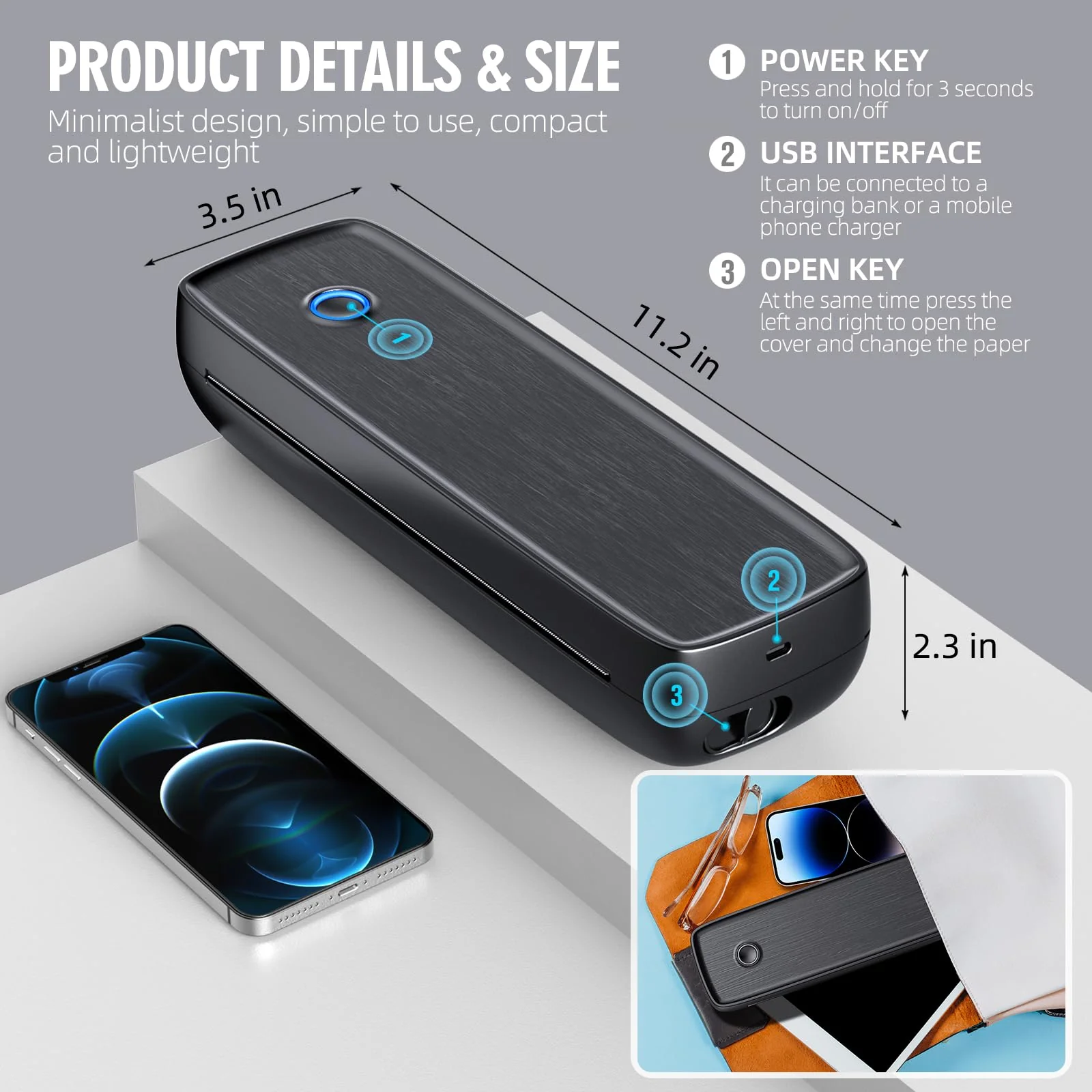 Aixiqee Wireless Portable Printer, Inkless, 8.5"x11" US Letter, Bluetooth/USB-C, Thermal Printing