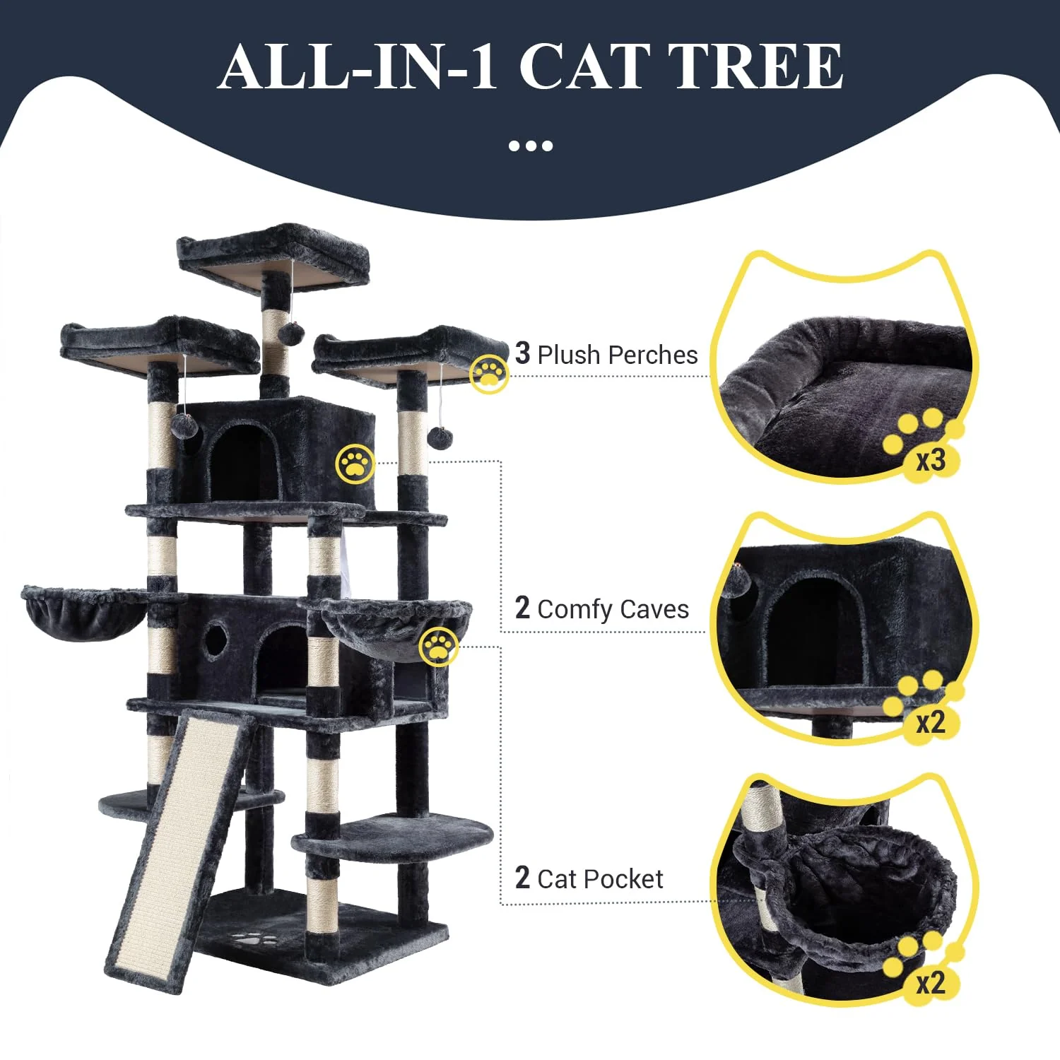 Allewie 68" Multi-Level Cat Tree House with Condo, Sisal Scratching Posts, Plush Lounging Spots
