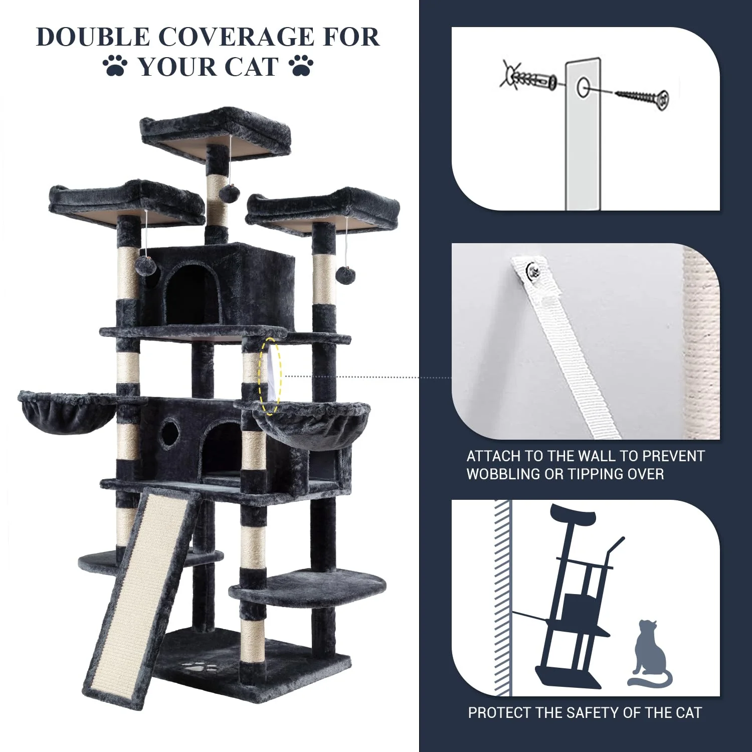 Allewie 68" Multi-Level Cat Tree House with Condo, Sisal Scratching Posts, Plush Lounging Spots