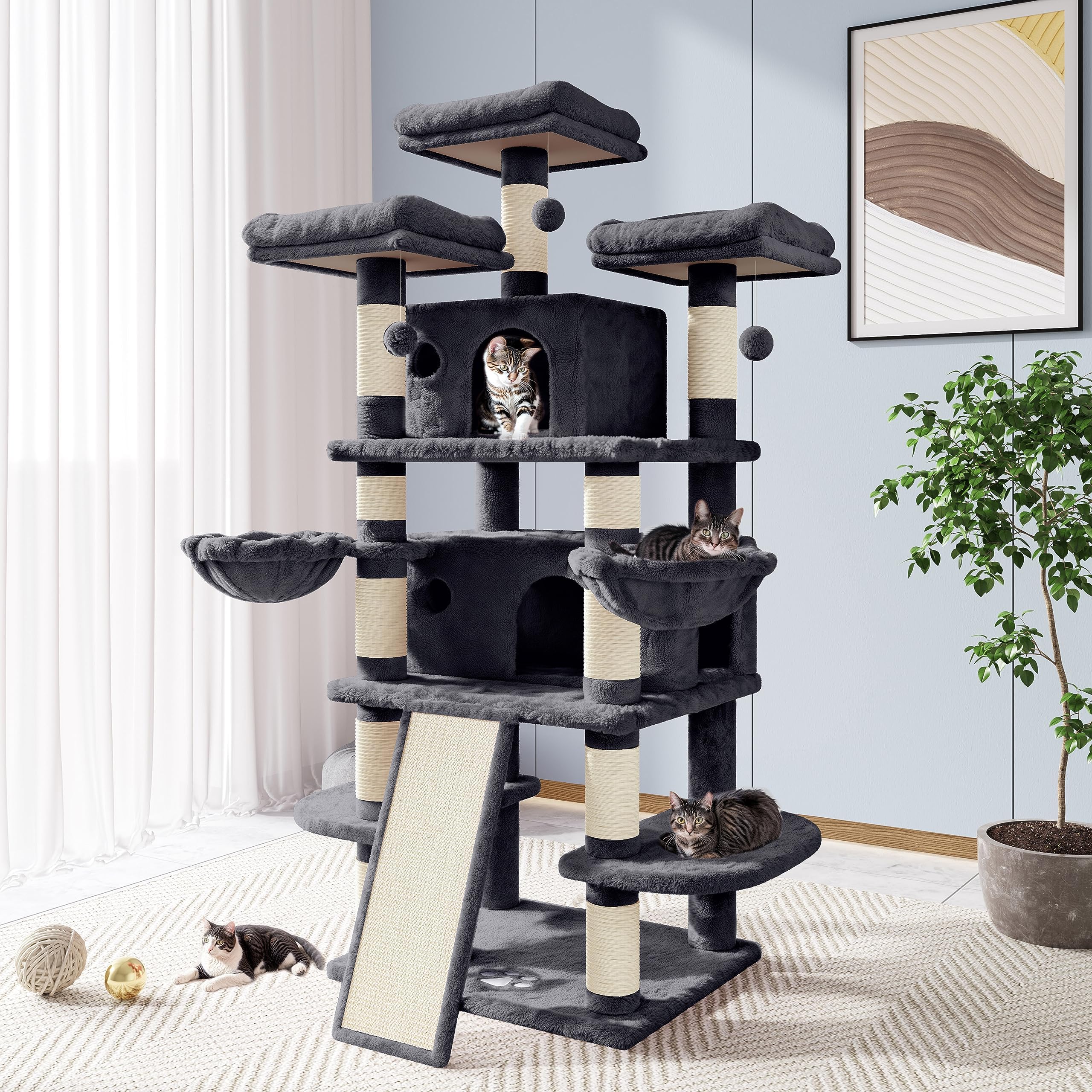 Allewie 68" Multi-Level Cat Tree House with Condo, Sisal Scratching Posts, Plush Lounging Spots