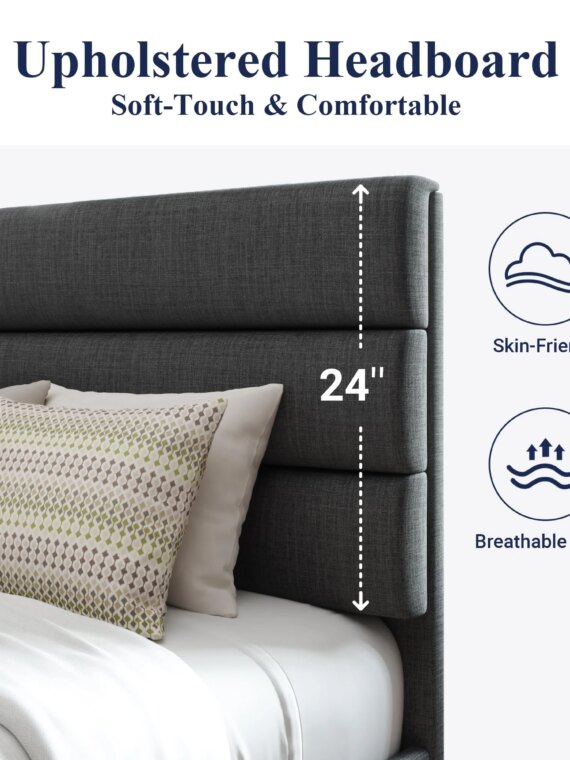 Allewie Queen Platform Bed Frame, Upholstered, No Box Spring Needed, Sturdy Metal/Wood, Easy Assembly