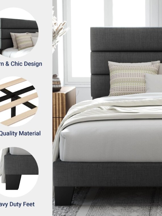Allewie Queen Platform Bed Frame, Upholstered, No Box Spring Needed, Sturdy Metal/Wood, Easy Assembly