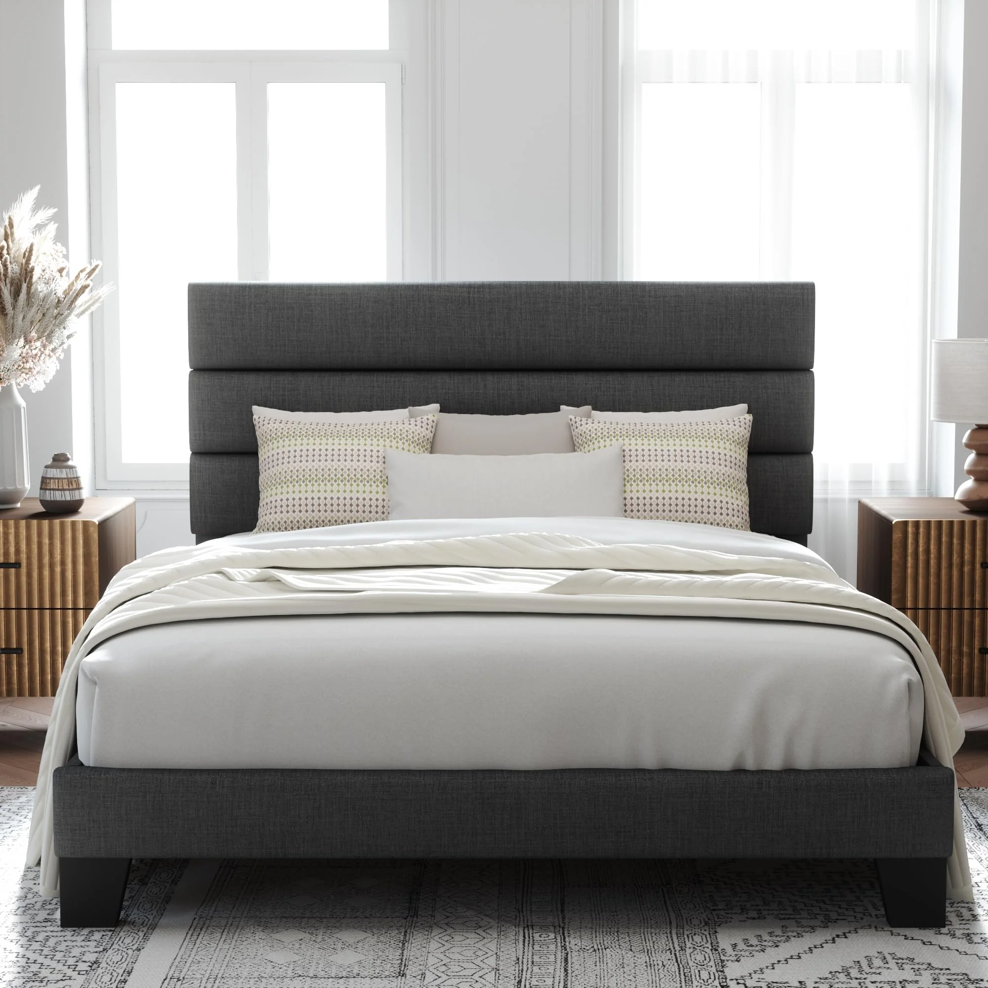 Allewie Queen Platform Bed Frame, Upholstered, No Box Spring Needed, Sturdy Metal/Wood, Easy Assembly