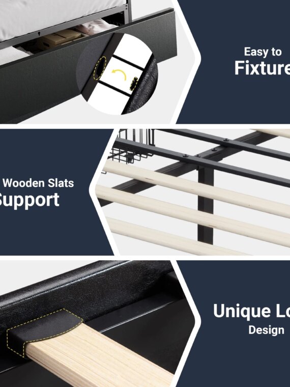 Allewie Queen Platform Bed Frame with 3 Storage Drawers, Customizable Headboard, Sturdy Wooden Slats