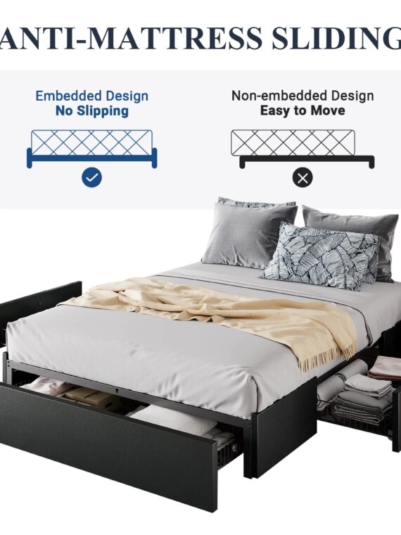Allewie Queen Platform Bed Frame with 3 Storage Drawers, Customizable Headboard, Sturdy Wooden Slats
