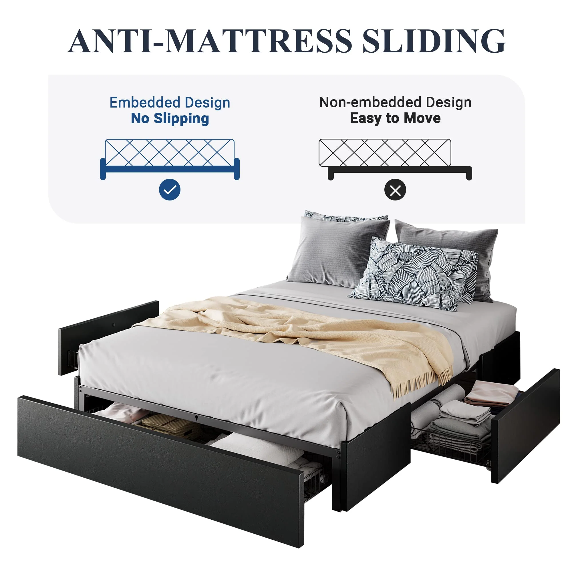 Allewie Queen Platform Bed Frame with 3 Storage Drawers, Customizable Headboard, Sturdy Wooden Slats