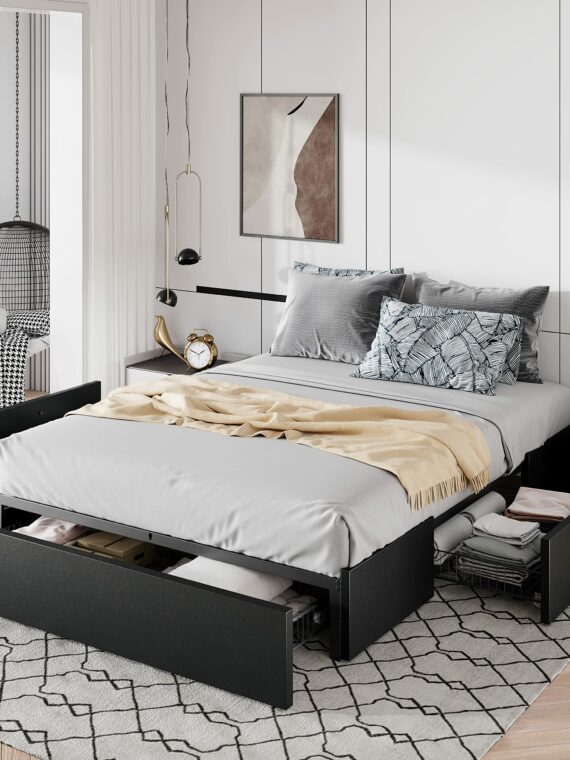 Allewie Queen Platform Bed Frame with 3 Storage Drawers, Customizable Headboard, Sturdy Wooden Slats