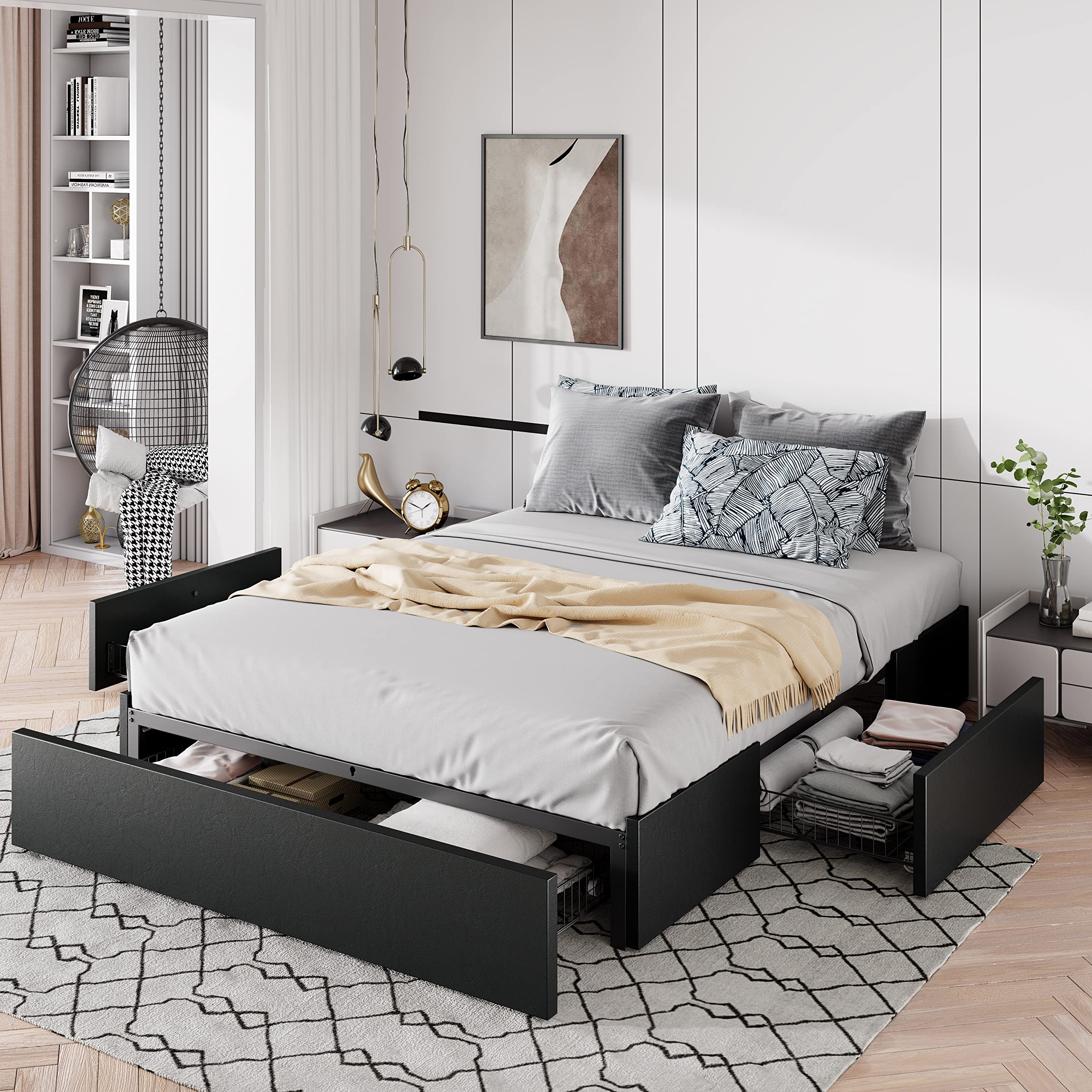 Allewie Queen Platform Bed Frame with 3 Storage Drawers, Customizable Headboard, Sturdy Wooden Slats