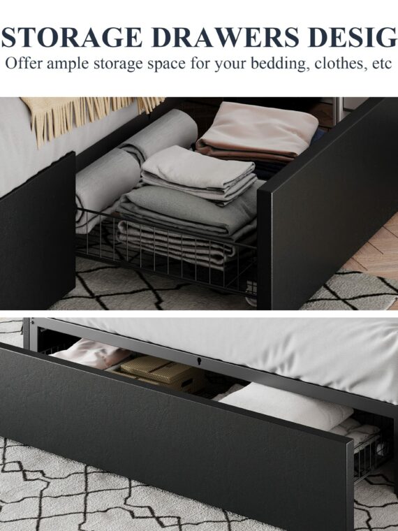 Allewie Queen Platform Bed Frame with 3 Storage Drawers, Customizable Headboard, Sturdy Wooden Slats