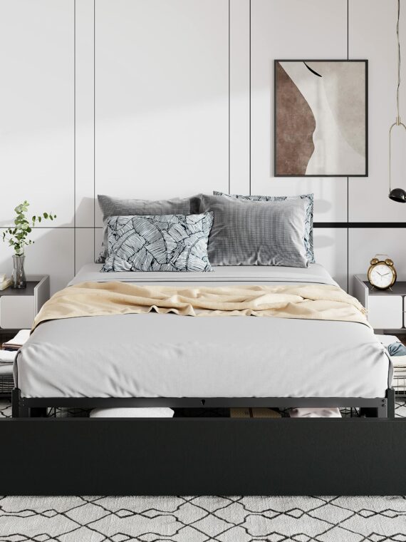 Allewie Queen Platform Bed Frame with 3 Storage Drawers, Customizable Headboard, Sturdy Wooden Slats