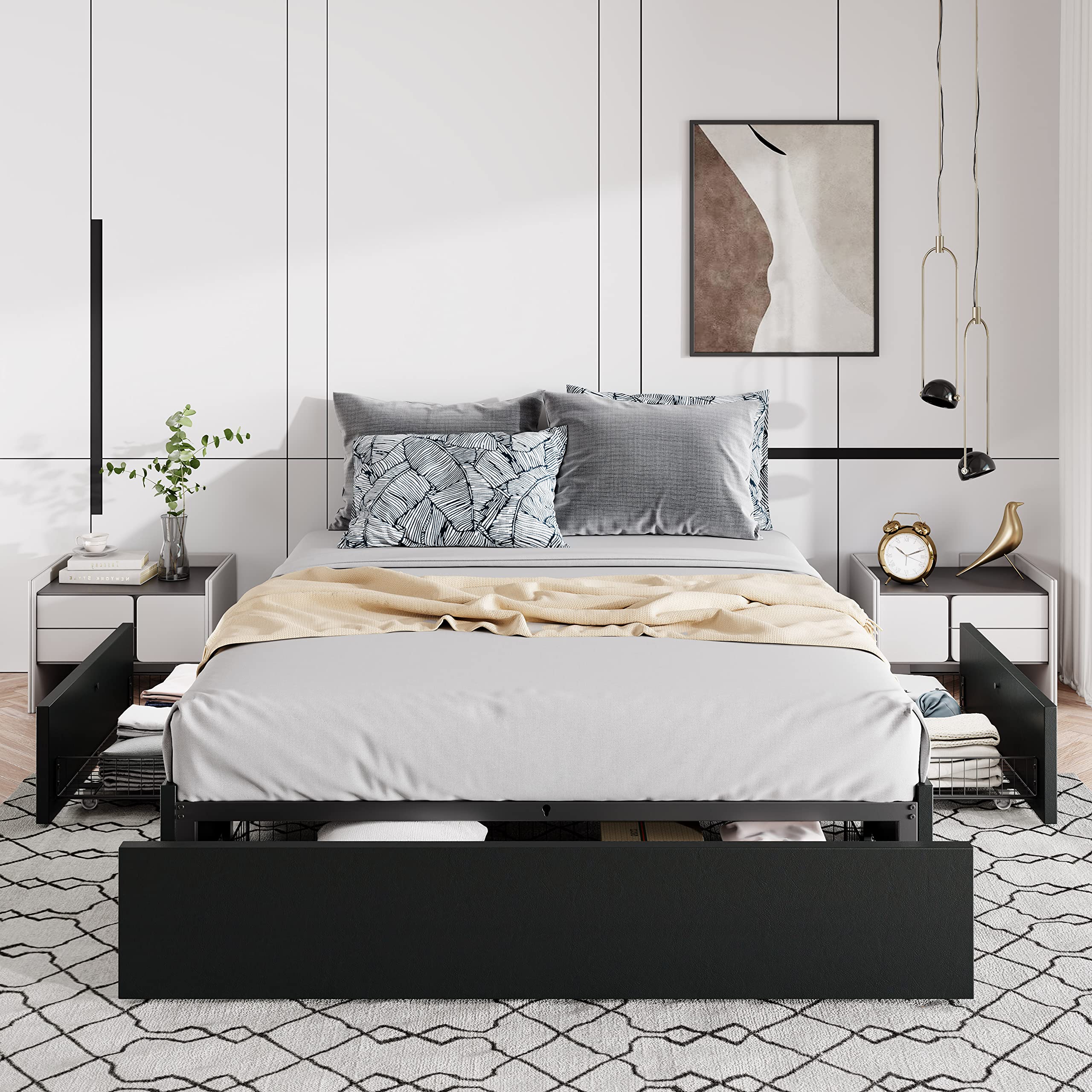 Allewie Queen Platform Bed Frame with 3 Storage Drawers, Customizable Headboard, Sturdy Wooden Slats