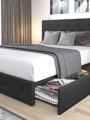 Allewie Queen Upholstered Platform Bed Frame with Storage Drawers, Adjustable Headboard, No Box Spring Needed