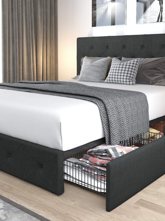 Allewie Queen Upholstered Platform Bed Frame with Storage Drawers, Adjustable Headboard, No Box Spring Needed