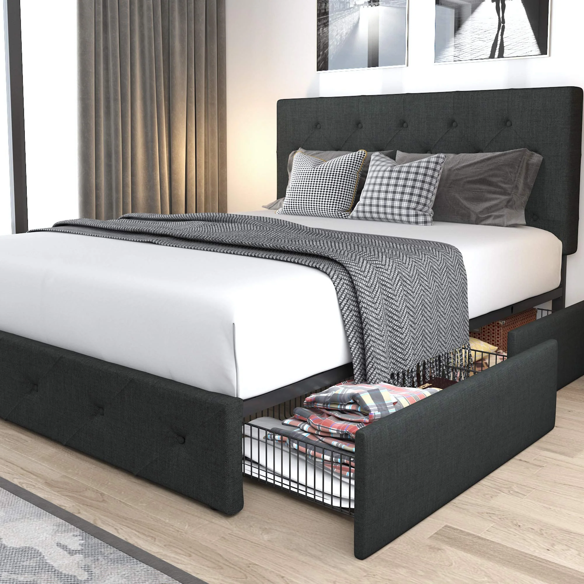 Allewie Queen Upholstered Platform Bed Frame with Storage Drawers, Adjustable Headboard, No Box Spring Needed
