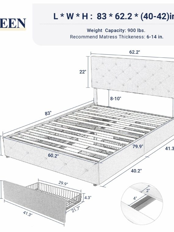 Allewie Queen Upholstered Platform Bed Frame with Storage Drawers, Adjustable Headboard, No Box Spring Needed