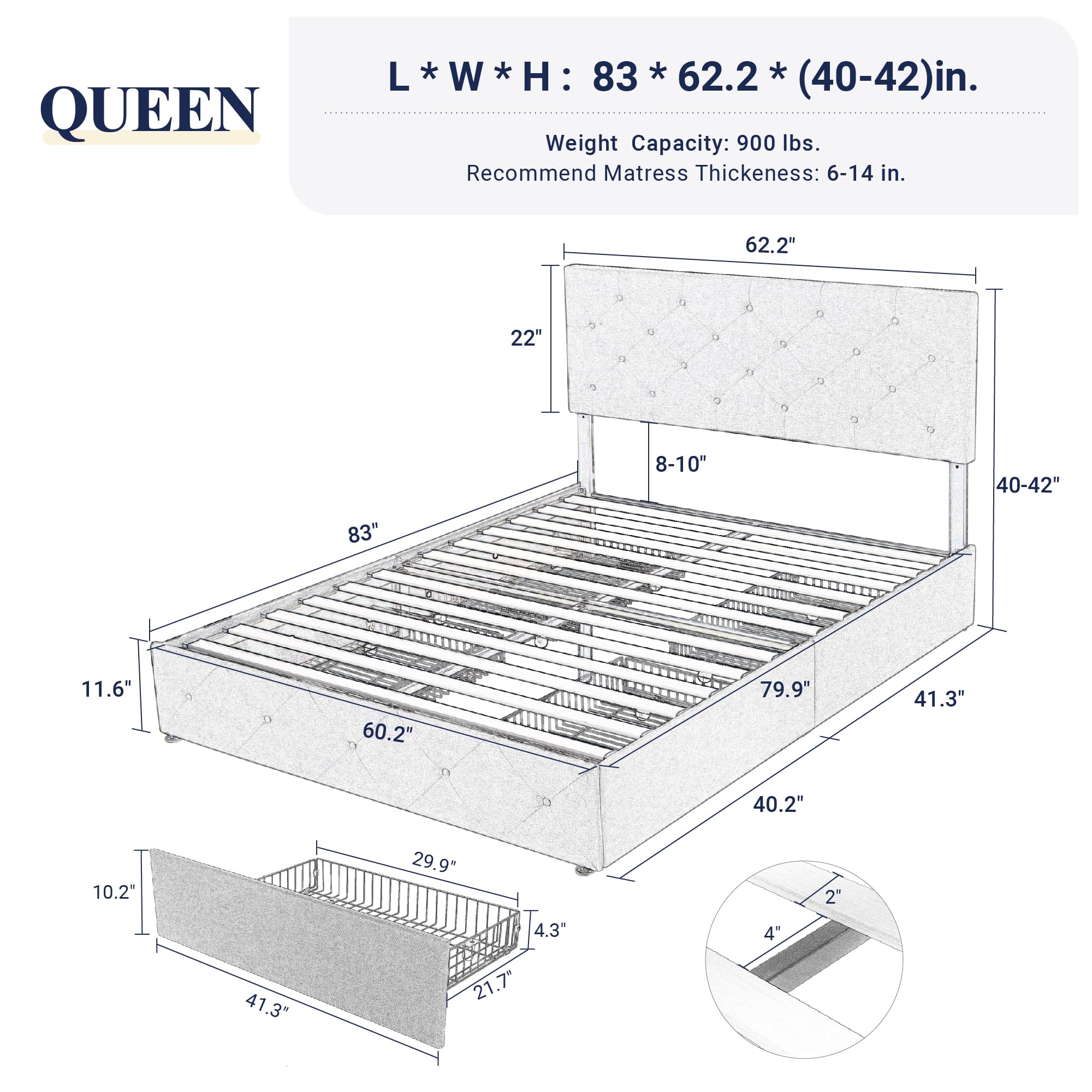 Allewie Queen Upholstered Platform Bed Frame with Storage Drawers, Adjustable Headboard, No Box Spring Needed