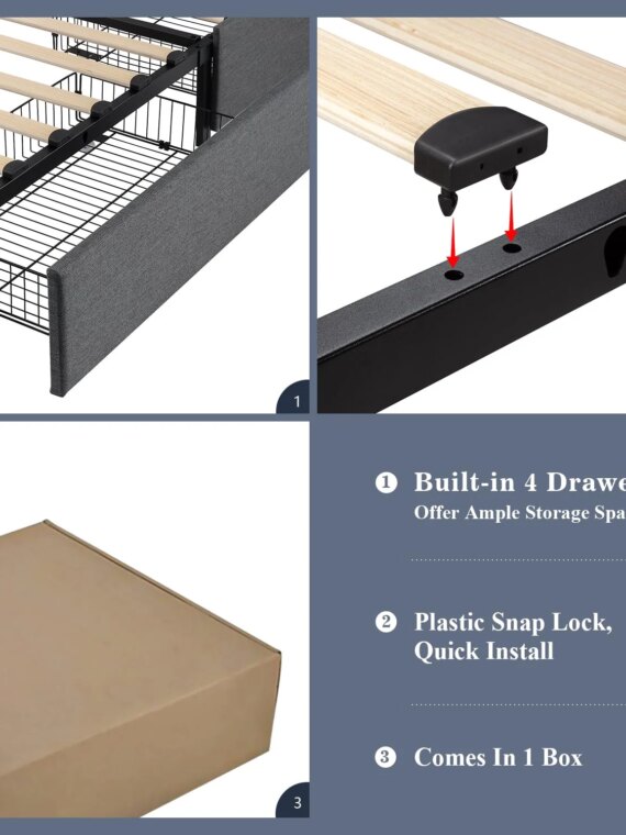 Allewie Queen Upholstered Platform Bed Frame with Storage Drawers, Adjustable Headboard, No Box Spring Needed