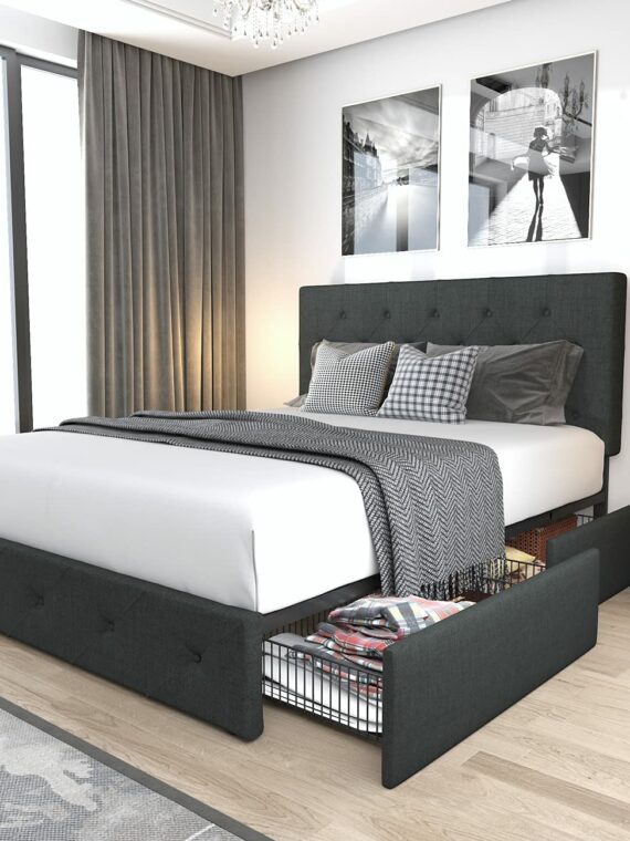 Allewie Queen Upholstered Platform Bed Frame with Storage Drawers, Adjustable Headboard, No Box Spring Needed