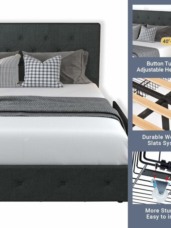 Allewie Queen Upholstered Platform Bed Frame with Storage Drawers, Adjustable Headboard, No Box Spring Needed