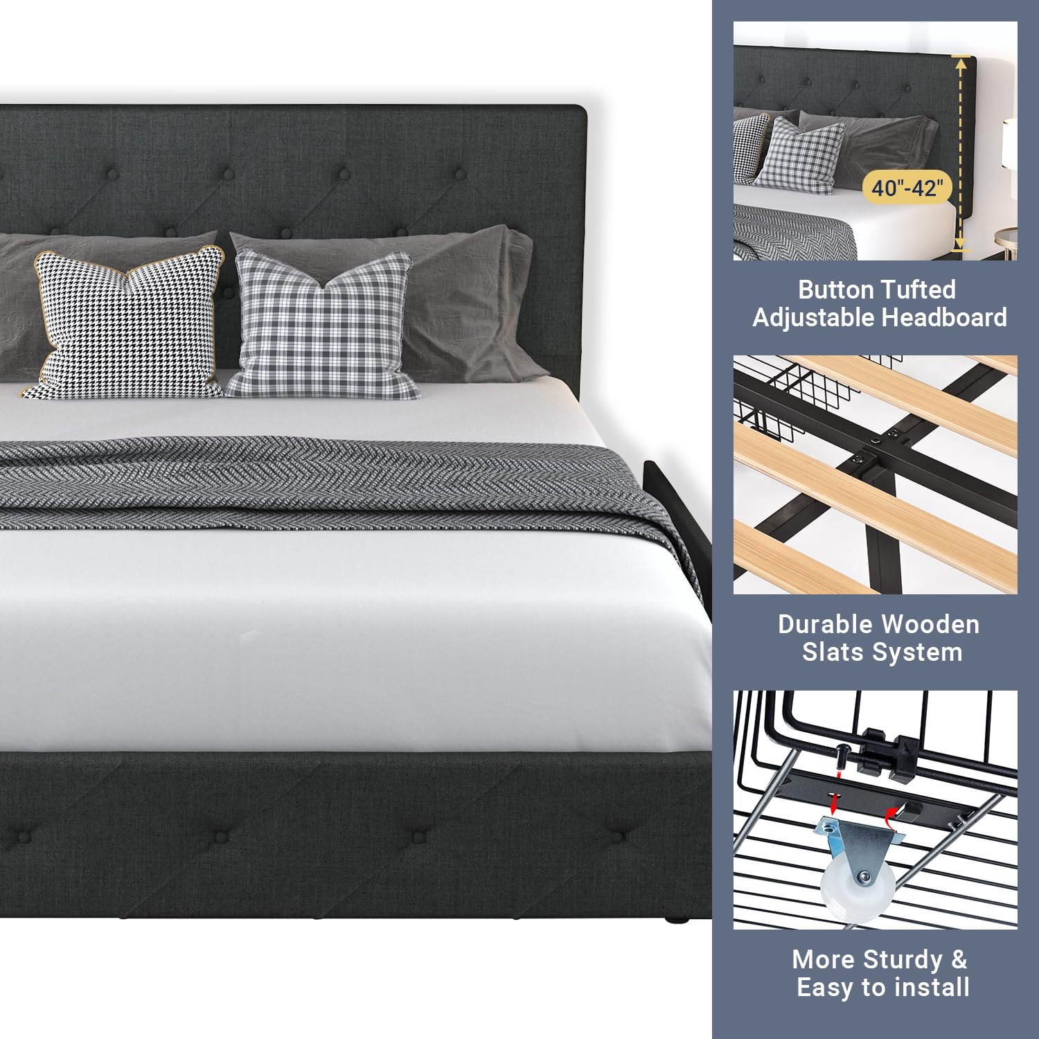 Allewie Queen Upholstered Platform Bed Frame with Storage Drawers, Adjustable Headboard, No Box Spring Needed