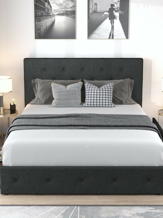 Allewie Queen Upholstered Platform Bed Frame with Storage Drawers, Adjustable Headboard, No Box Spring Needed