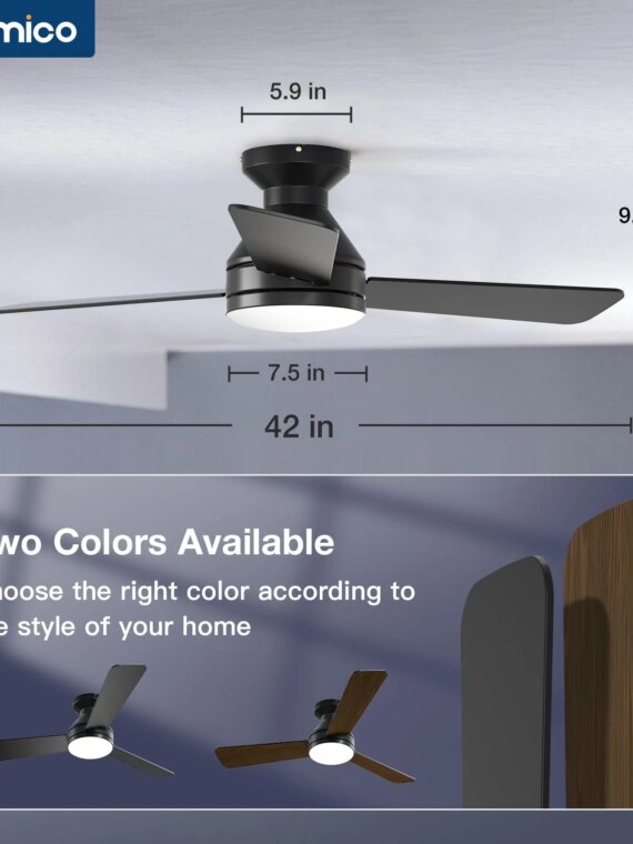 Amico 42" Low Profile Ceiling Fan with Light & Remote, Energy Efficient, Quiet, Reversible Motor, Dimmable LED