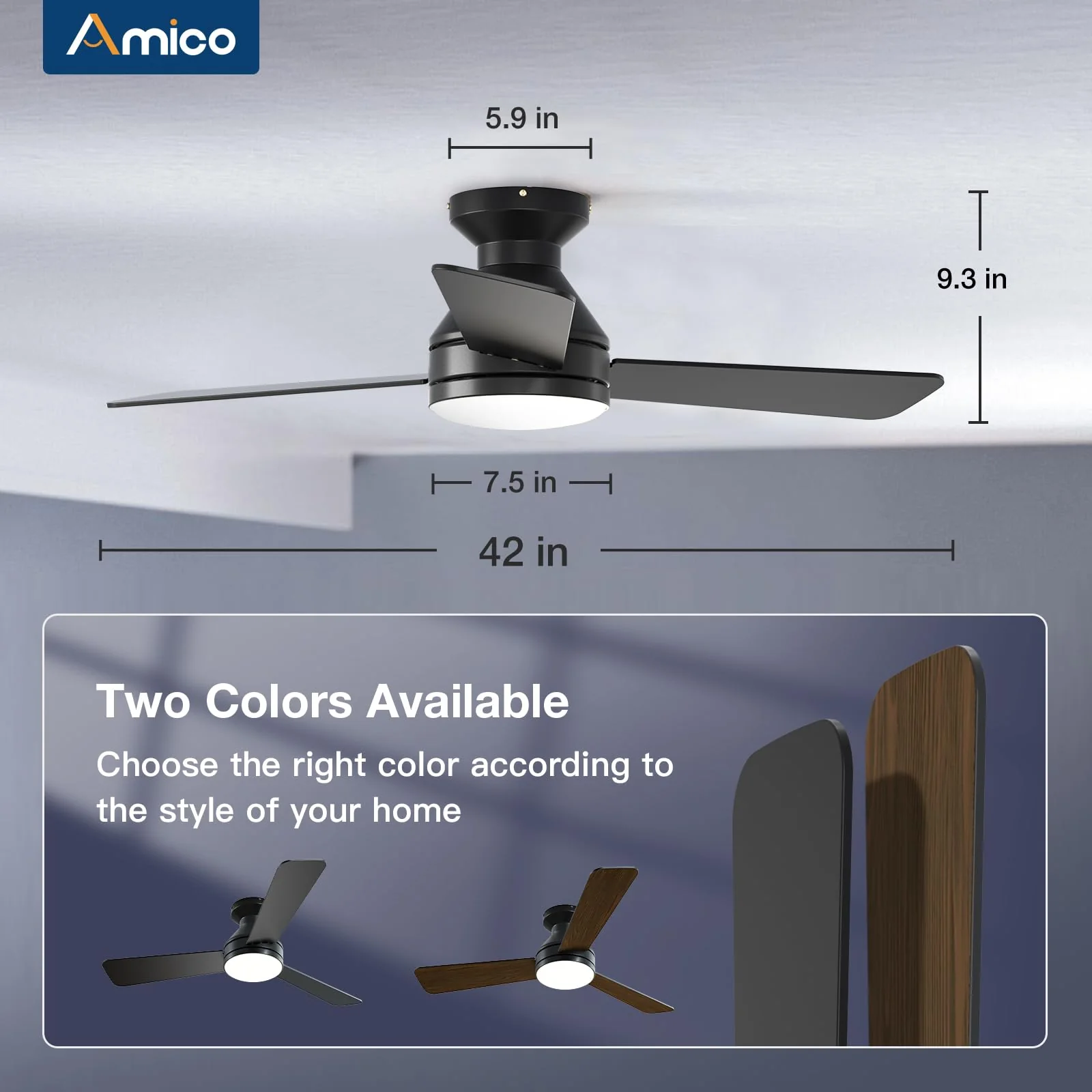 Amico 42" Low Profile Ceiling Fan with Light & Remote, Energy Efficient, Quiet, Reversible Motor, Dimmable LED