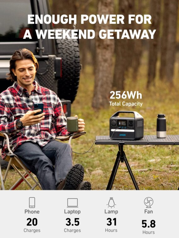 Anker 256Wh Portable Power Station, LiFePO4 Battery, 600W Output, USB-C, 6 Ports, Durable & Long-Lasting