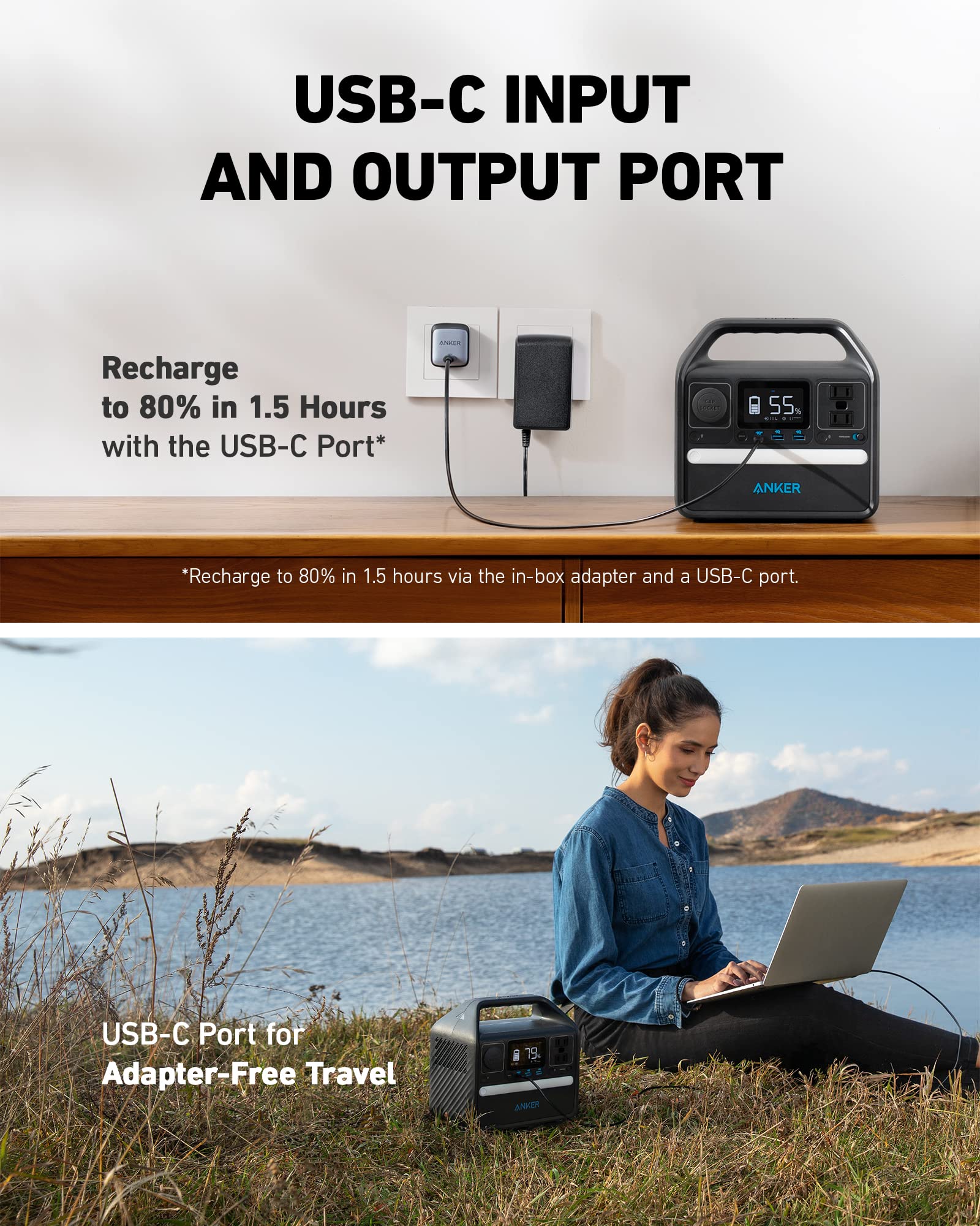 Anker 256Wh Portable Power Station, LiFePO4 Battery, 600W Output, USB-C, 6 Ports, Durable & Long-Lasting