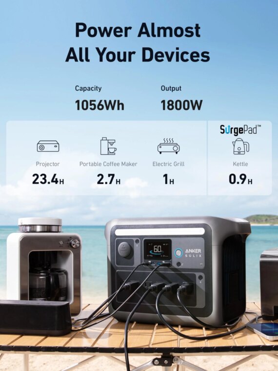 Anker SOLIX C1000 Portable Power Station, 1800W Solar Generator, 2400W Output, UltraFast Recharge, LiFePO4 Battery, Solar Charging, Compact Design