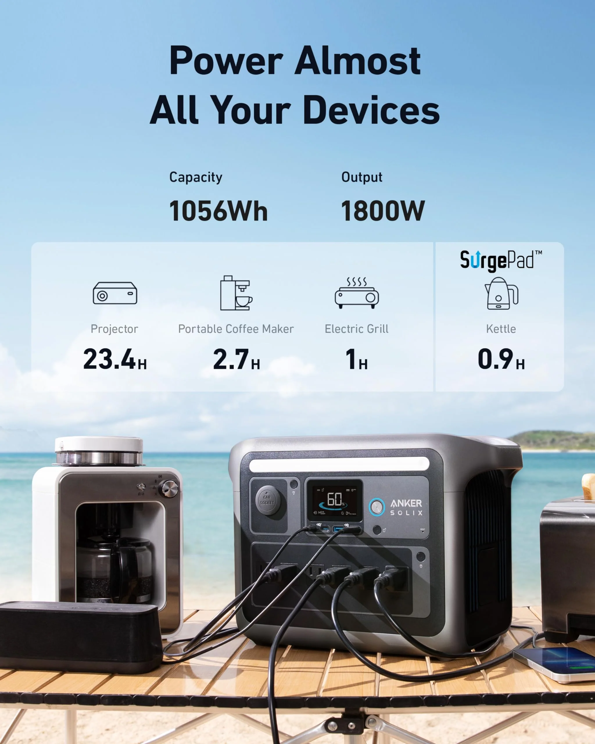 Anker SOLIX C1000 Portable Power Station, 1800W Solar Generator, 2400W Output, UltraFast Recharge, LiFePO4 Battery, Solar Charging, Compact Design