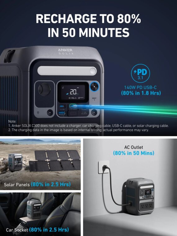 Anker SOLIX C300 300W Portable Power Station, 288Wh, 8 Ports, Solar Compatible, Compact Design, Fast Charging, Durable LiFePO4 Batteries