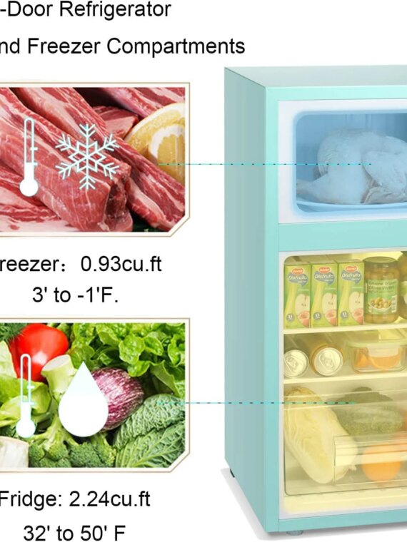 Antarctic Star Compact Mini Refrigerator 3.2 cu ft, Black & White, Double Door, Adjustable Thermostat, Removable Glass Shelf