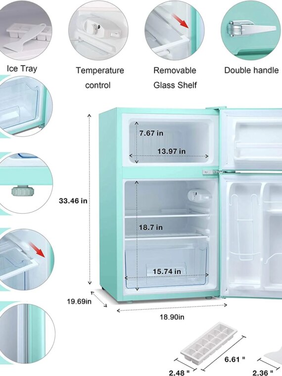 Antarctic Star Compact Mini Refrigerator 3.2 cu ft, Black & White, Double Door, Adjustable Thermostat, Removable Glass Shelf