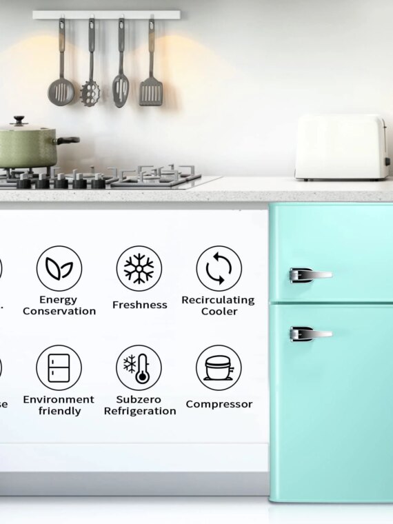 Antarctic Star Compact Mini Refrigerator 3.2 cu ft, Black & White, Double Door, Adjustable Thermostat, Removable Glass Shelf