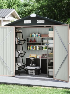 Aoxun 6.4x4 FT Metal Outdoor Storage Shed, Brown, Weatherproof, Lockable Doors, Ventilated Roof